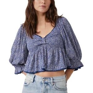 Free People Brittnee Print Smocked Peplum Crop Top Blue Combo Size XL